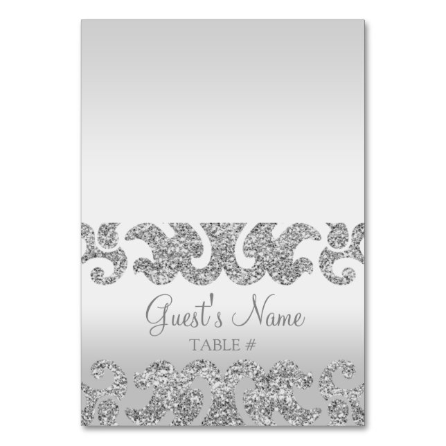 Silver Glitter Look Custom Wedding Escort Cards (Front)