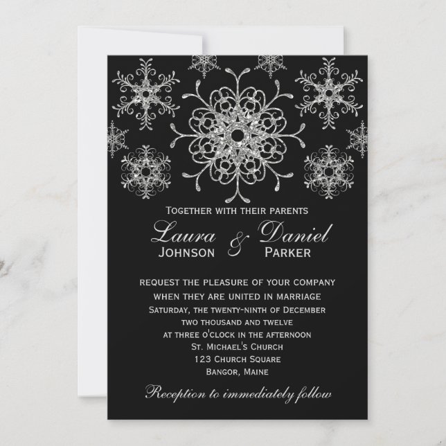 Silver Glitter LOOK Snowflakes Wedding Invite (Front)