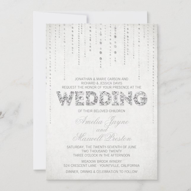 Silver Glitter Look Wedding Invitation (Front)