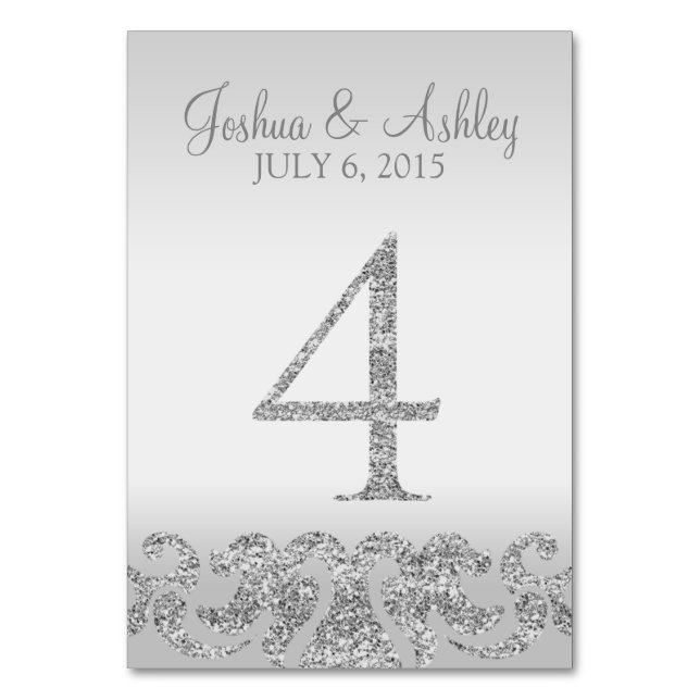 Silver Glitter Look Wedding Table Numbers-4 Number (Front)