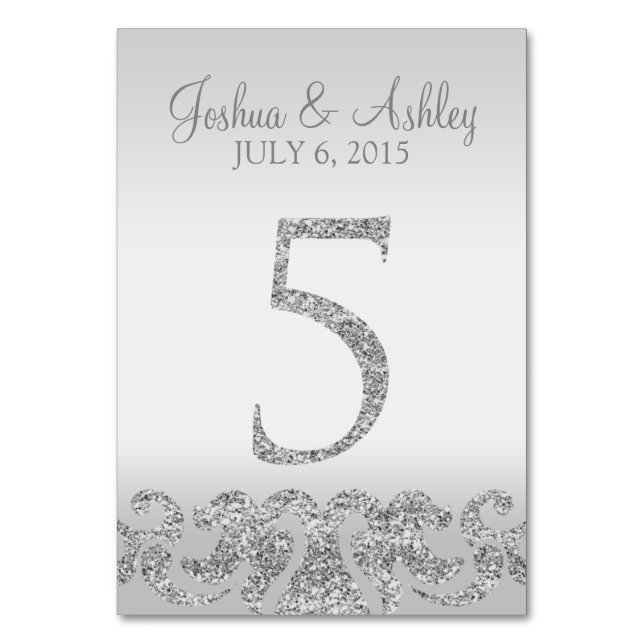 Silver Glitter Look Wedding Table Numbers-5 Table Number (Front)