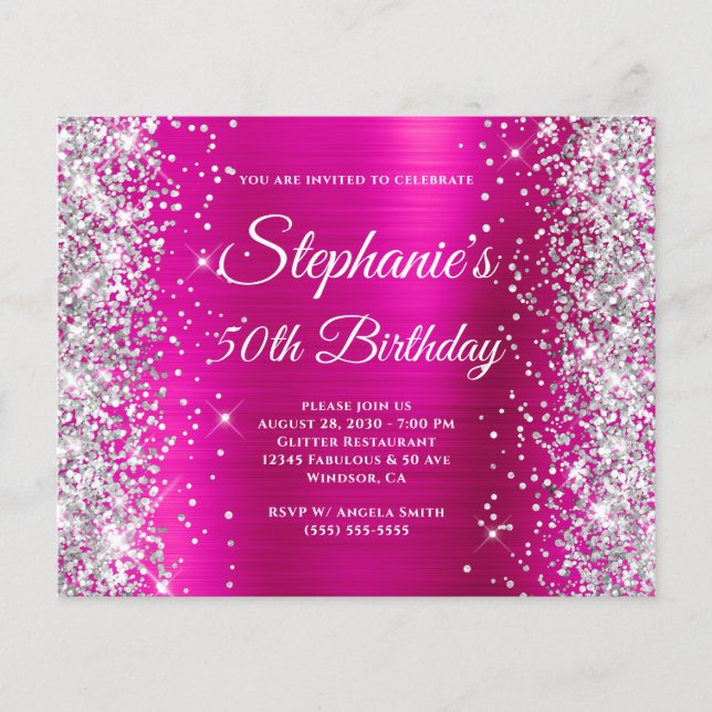 Silver Glitter Magenta Foil Monogram 50th Birthday Flyer (Front)