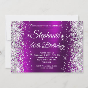 Silver Glitter Magenta Purple Fancy 40th Birthday Invitation
