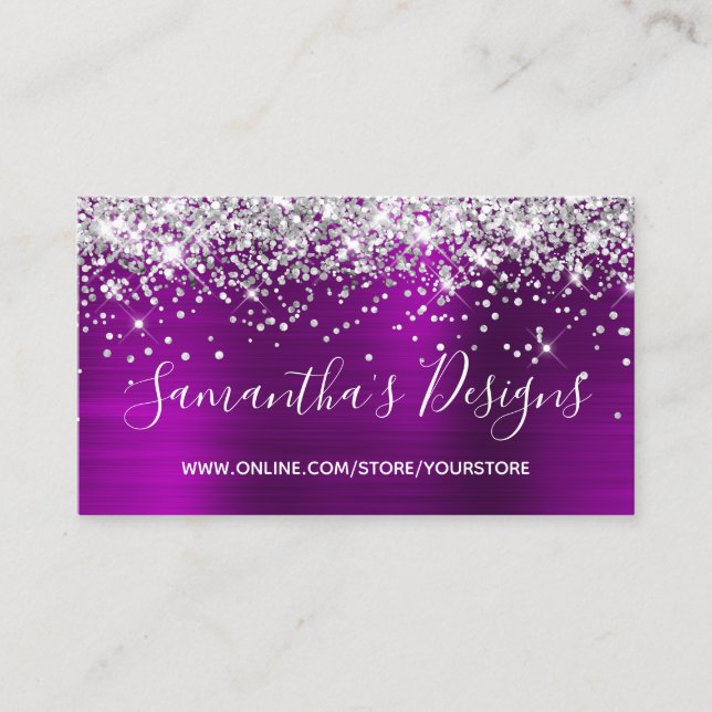 Silver Glitter Magenta Purple Foil Online Store Business Card (Front)