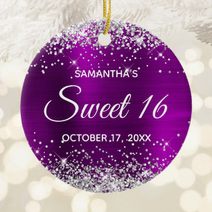 Silver Glitter Magenta Purple Foil Sweet 16 Ceramic Ornament