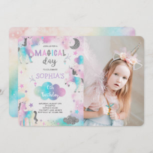 Silver Glitter Magical Unicorn Birthday Photo Invitation