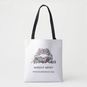 Silver Glitter Makeup Artist Kiss Lips Business Tote Bag