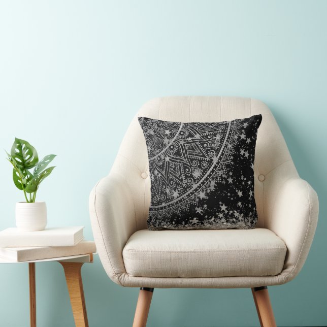 Silver Glitter Mandala with Silver Stars on Black Cushion (Chair)