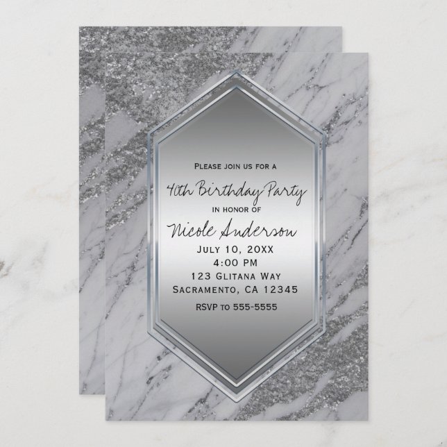 Silver Glitter Marble Birthday Party Any Event Invitation (Front/Back)