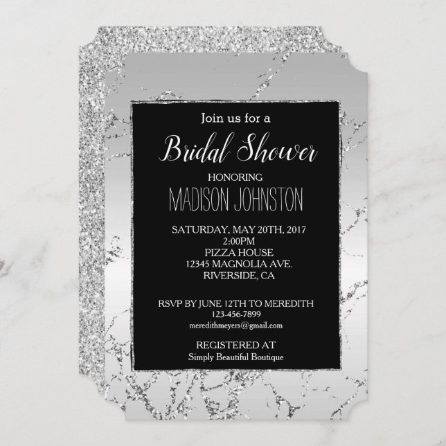 Silver Glitter Marble & Black  Invitation (Front/Back)