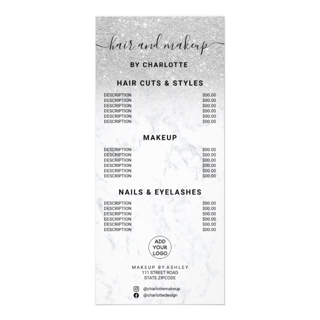 Silver glitter marble hair makeup price rack card (Front)