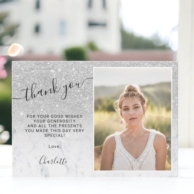 Silver glitter marble ombre 3 photos Sweet 16 Thank You Card (Silver glitter marble ombre 3 photos Sweet 16 Thank You Card)