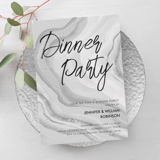 Silver Glitter Marble Script Dinner Party  Invitation (Silver Glitter Marble Script Dinner Party Invitation)