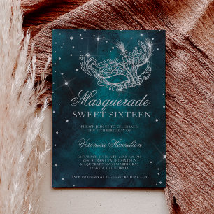 Silver glitter masquerade mask teal green Sweet 16 Invitation