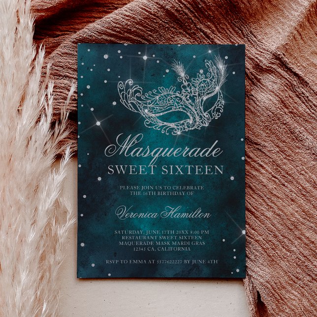 Silver glitter masquerade mask teal green Sweet 16 Invitation (Silver glitter masquerade mask teal green Sweet 16 Invitation)