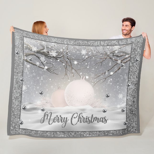 Silver Glitter  Merry Christmas Fleece Blanket (In Situ)