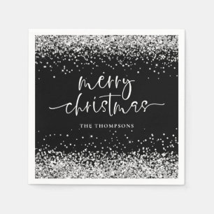 Silver Glitter Merry Christmas Party Black Napkin