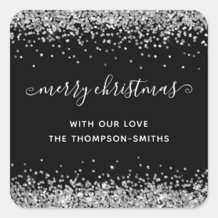 Silver Glitter Merry Christmas Script Names Black Square Sticker