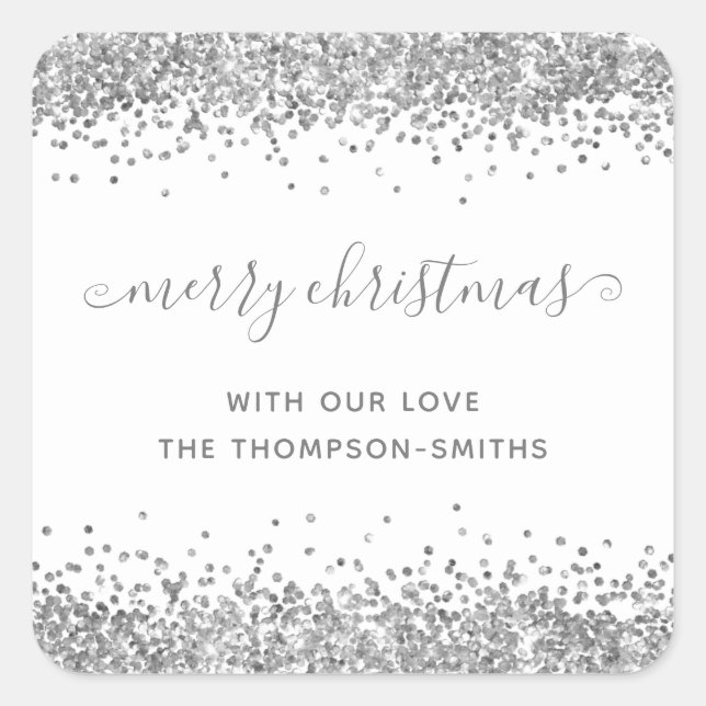 Silver Glitter Merry Christmas Script Names White Square Sticker (Front)