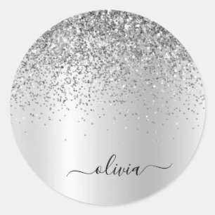 Silver Glitter Metal Monogram Glam Name Classic Round Sticker