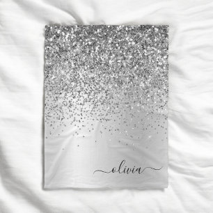 Silver Glitter Metal Monogram Glam Name Fleece Blanket