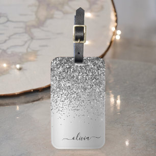 Silver Glitter Metal Monogram Glam Name Luggage Tag