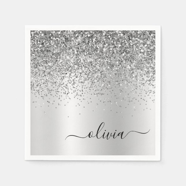 Silver Glitter Metal Monogram Glam Name Napkin (Front)