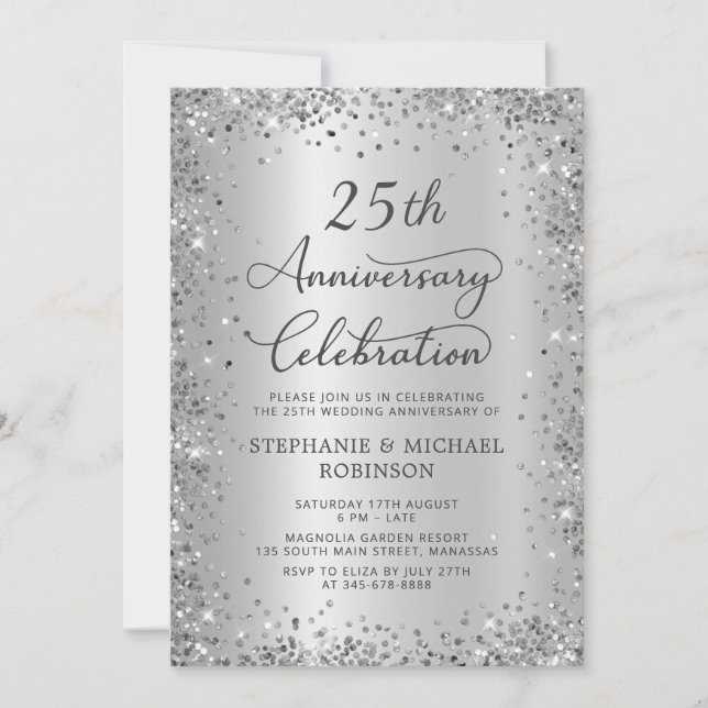 Silver Glitter Metallic 25th Wedding Anniversary Invitation (Front)