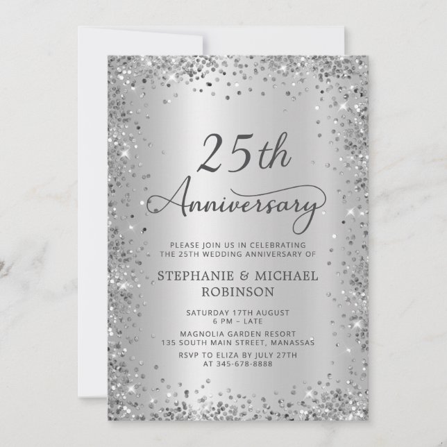 Silver Glitter Metallic 25th Wedding Anniversary Invitation (Front)