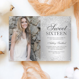 Silver glitter metallic foil photo Sweet 16 Invitation