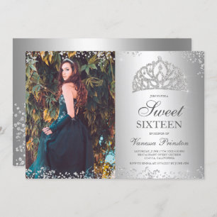 Silver glitter metallic photo tiara Sweet 16 Invitation