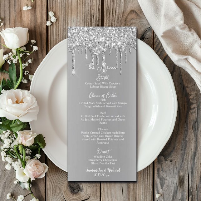 Silver Glitter Metallic Shine 4x9" Wedding Menu  (Creator Uploaded)