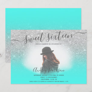 Silver glitter mint green chic Sweet 16 photo Invitation