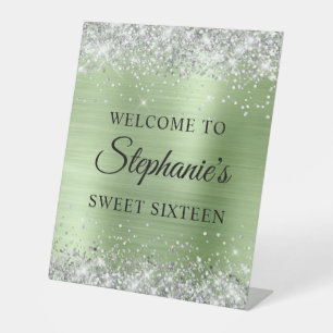 Silver Glitter Mint Green Foil 16th Birthday Pedestal Sign