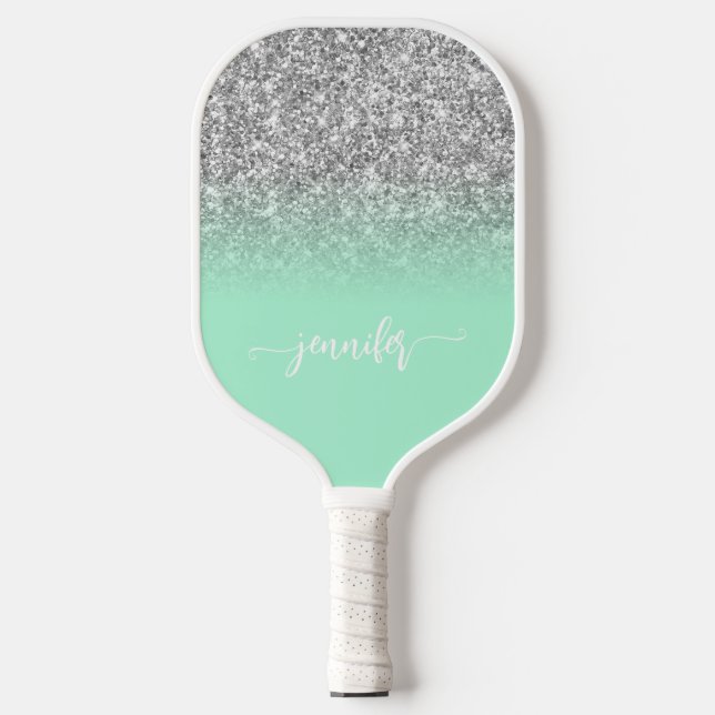 Silver Glitter Mint Green Ombre Modern Script Pickleball Paddle (Front)