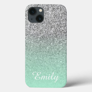 Silver Glitter Mint Ombre Personalised iPhone 13 Case