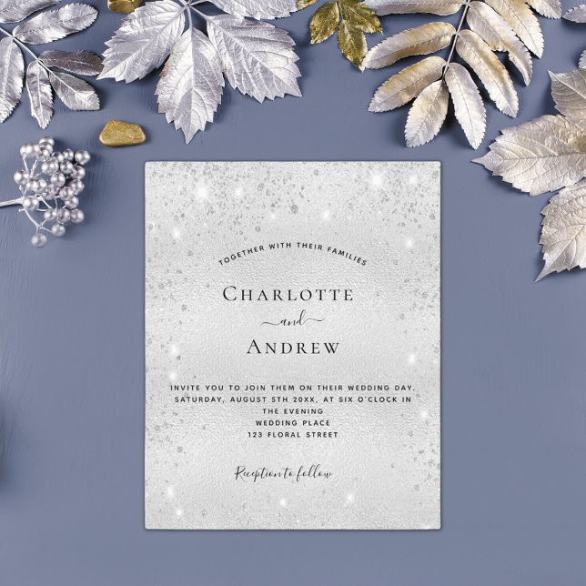 Silver glitter modern evening wedding invitation (Creator Uploaded)