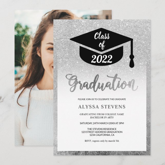 Silver glitter modern simple graduation photo invitation (Front/Back)