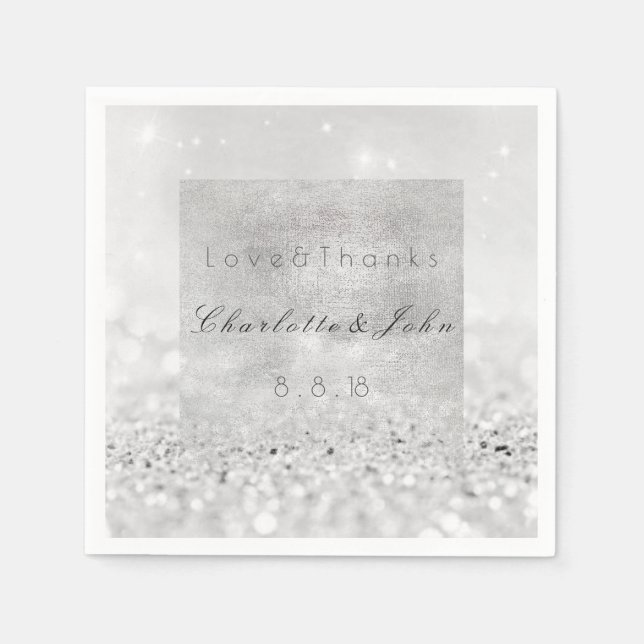 Silver Glitter Monochromatic White Black Wedding Napkin (Front)
