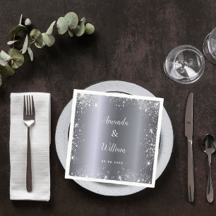 Silver glitter monogram metal wedding napkin