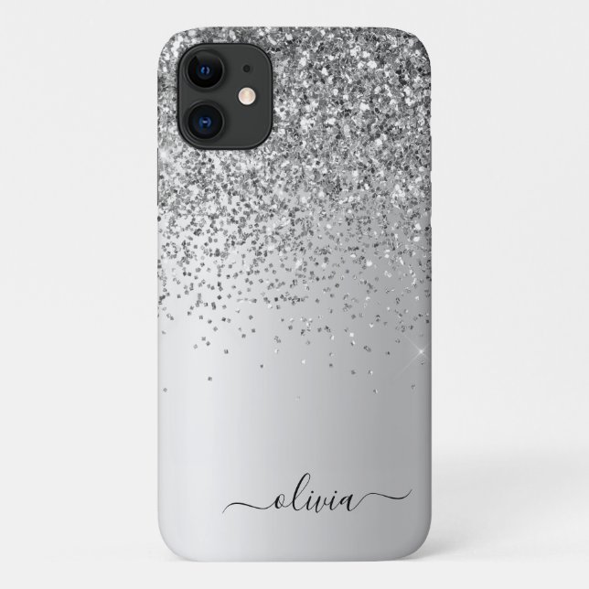 Silver Glitter Monogram Name Luxury Girly Case-Mate iPhone Case (Back)
