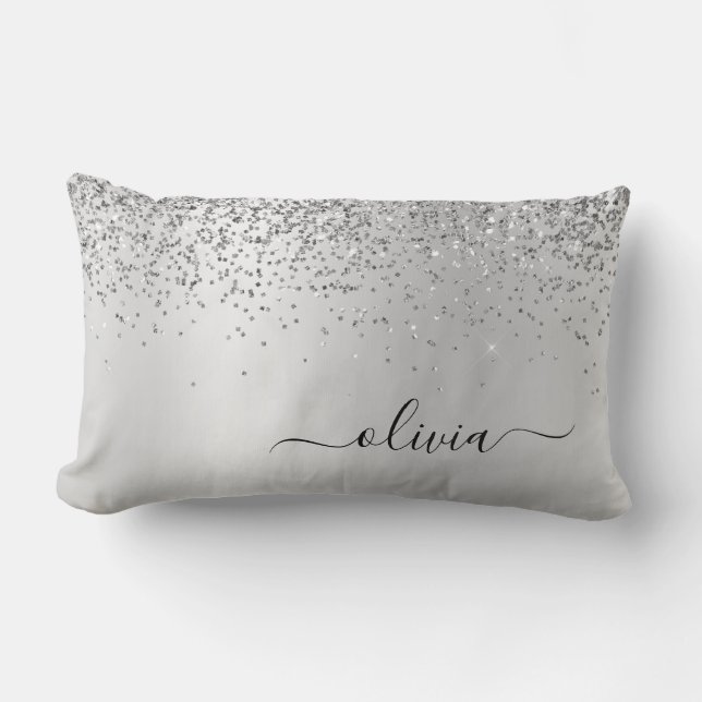Silver Glitter Monogram Name Luxury Girly Lumbar Cushion (Front)