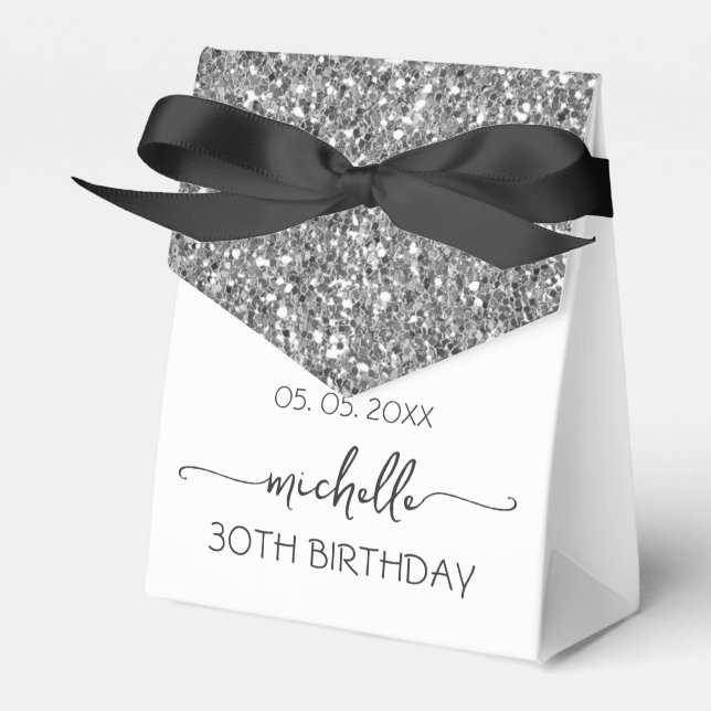 Silver Glitter Monogram Name Script 30th Birthday  Favour Box (Front Side)