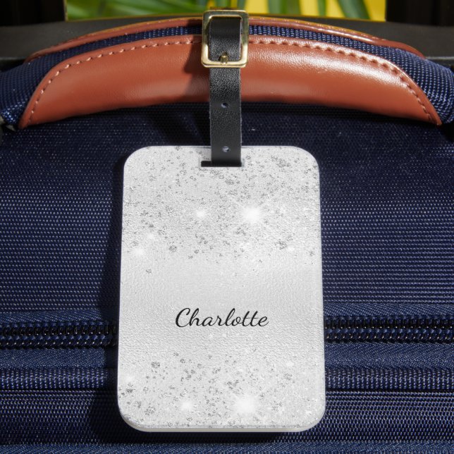 Silver glitter monogram name script elegant luggage tag (Front Insitu 2)