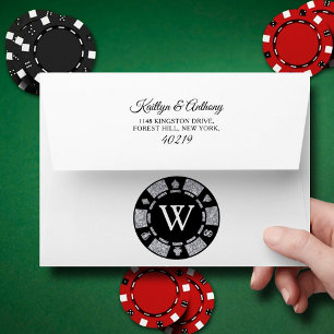 Silver Glitter Monogram Poker Chip Casino Wedding Envelope