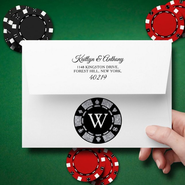 Silver Glitter Monogram Poker Chip Casino Wedding Envelope (Creator Uploaded)