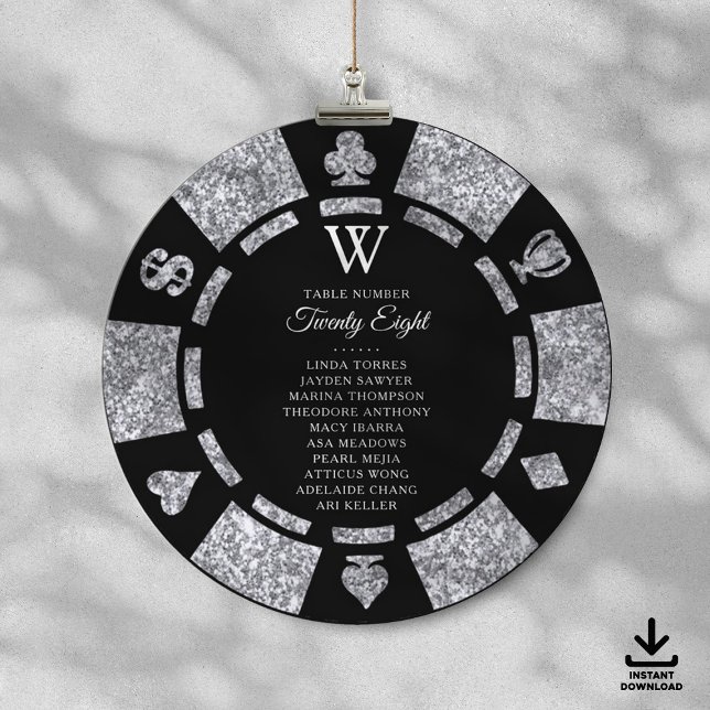 Silver Glitter Monogram Poker Chip Casino Wedding Invitation (Creator Uploaded)