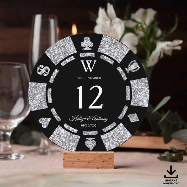 Silver Glitter Monogram Poker Chip Casino Wedding Invitation (Creator Uploaded)