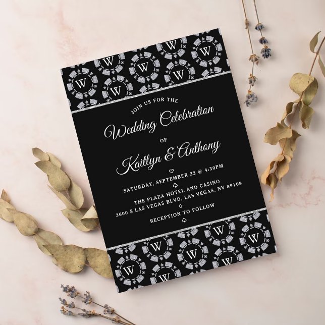 Silver Glitter Monogram Poker Chip Casino Wedding Invitation (Creator Uploaded)