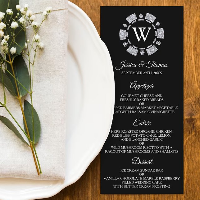 Silver Glitter Monogram Poker Chip Casino Wedding Menu (Creator Uploaded)